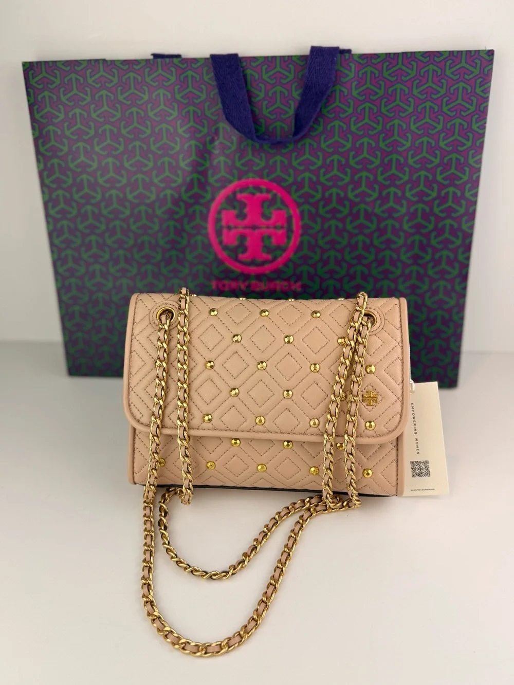 $528 Tory Burch Fleming Stud Small Shoulder Bag Goan Sand Beige Leather 46362